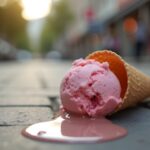 Ice cream cone spilled on a city street.